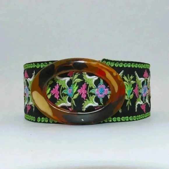 Lily Pod 100% Cotton Navy & Green Embroidered Ribbon Cinch Belt size L - Picture 4 of 5